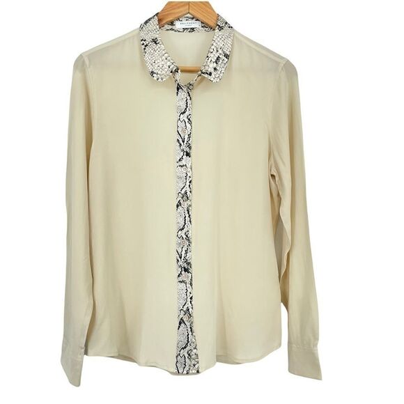 Equipment Silk Snake Print Trim Long Sleeve Button Beige Blouse - Picture 1 of 8